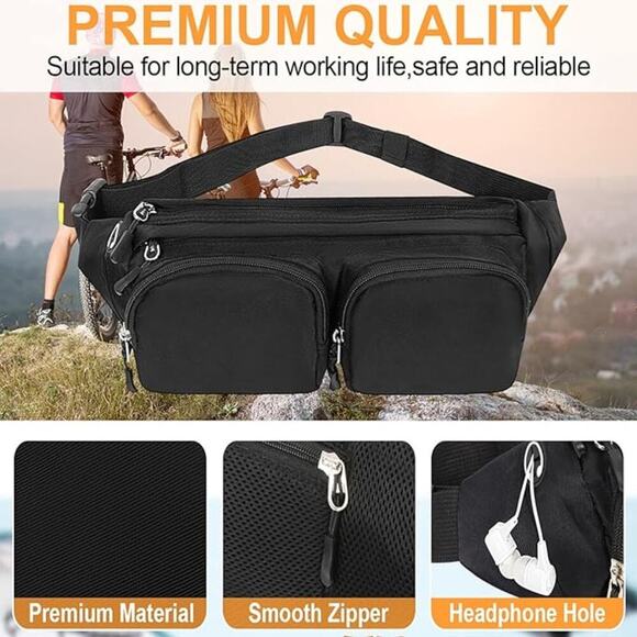 Women & Men Large Waist Bag Hip Bum Crossbody Bag with 5-Zipper Pockets (Black) - Picture 5 of 7